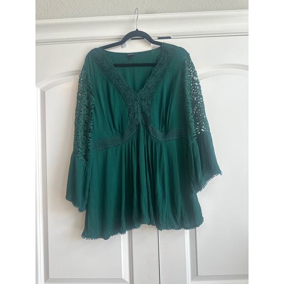 Torrid Emerald Green Boho Lace Eyelet and Frills Flowy Blouse - Picture 2 of 6